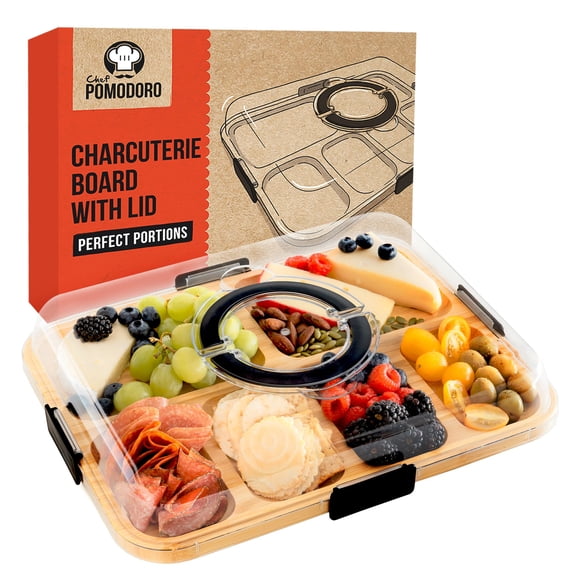 Chef Pomodoro Travel Charcuterie Board With Lid, Serving Tray, Portable, Covered Tray With Lid, Cheese Platter, Wood Grazing Board With 6 Co