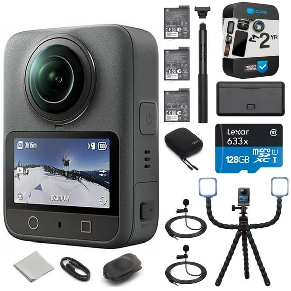 DJI CP.OS.00000442.02 Osmo 360 Adventure Combo Bundle with 2 YR CPS Extended Warranty, Lexar 128GB Memory Card, Flexible Vlogging Tripod and 2x 3.5mm Clip-On Mini Lapel Microphone