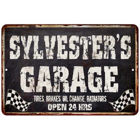 SYLVESTER'S Garage Black Grunge Sign 8 x 12 High Gloss Metal 208120005497