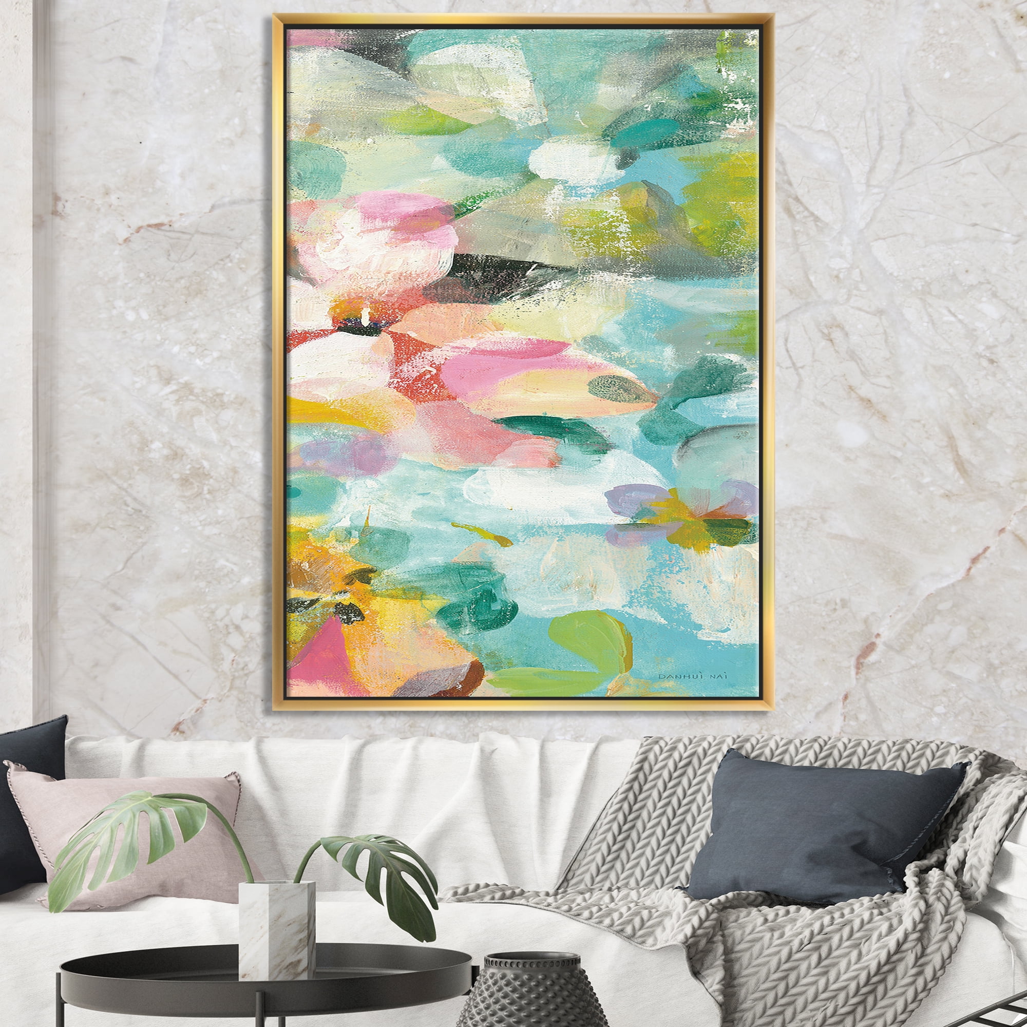 Designart ' Handpainted Abstract Flowers in Blue and Pink ' Cabin & Lodge Framed Canvas