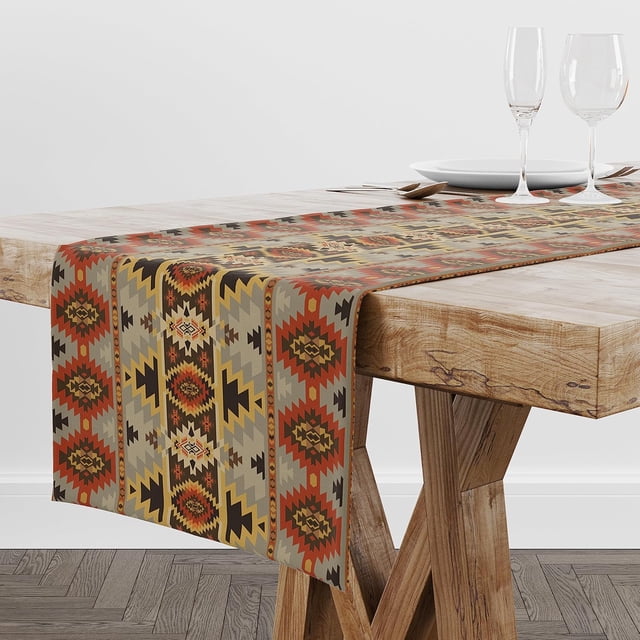 Aztec Table Runner Cloth, Boho Cotton Geometric Striped Pattern Tribal Table Cover for Farmhouse Home Dinning Living Room Western Style Party Decor,90X13inch