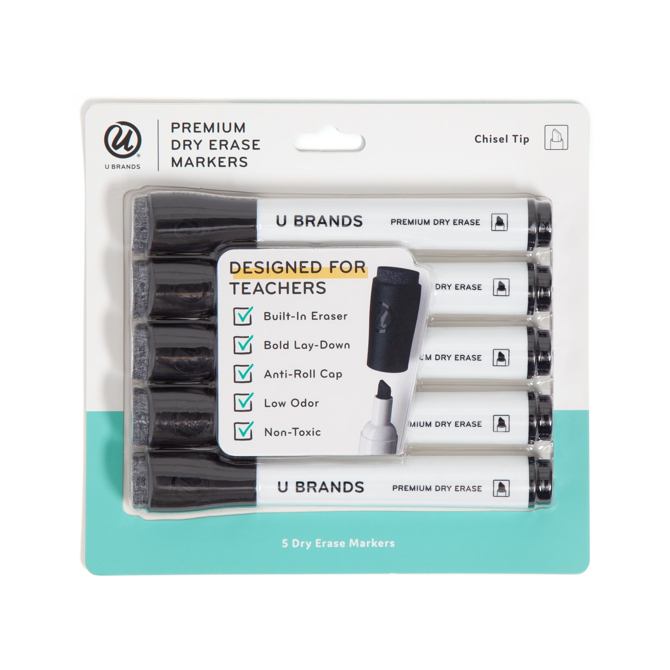 U Brands Dry Erase Markers, 5 Count, Black, Low-Odor, Chisel (5 mm) Tip