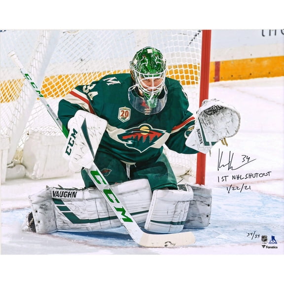 Kaapo Kahkonen Minnesota Wild Autographed 16" x 20" Green Jersey In Net Photograph with "1st NHL Shutout 1/22/21" Inscription - #34 of a Limited Edition of 34 - Fanatics Authentic Certified