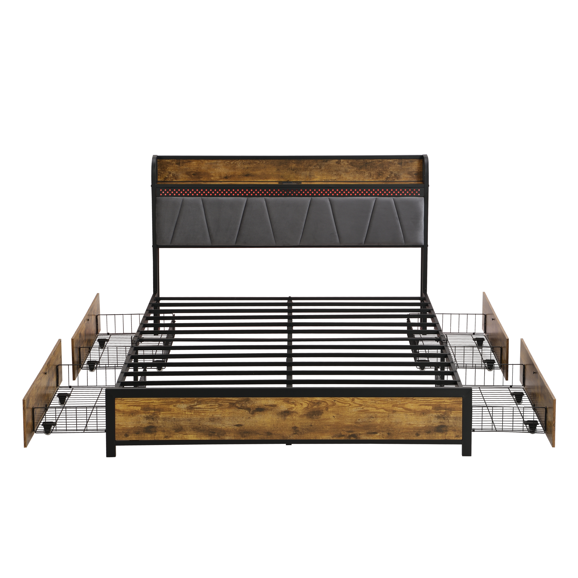 Leumius Full Size Bed Frame with LED Lights, Industrial Platform Bed with Charging Station & 4 Storage Drawers, Full