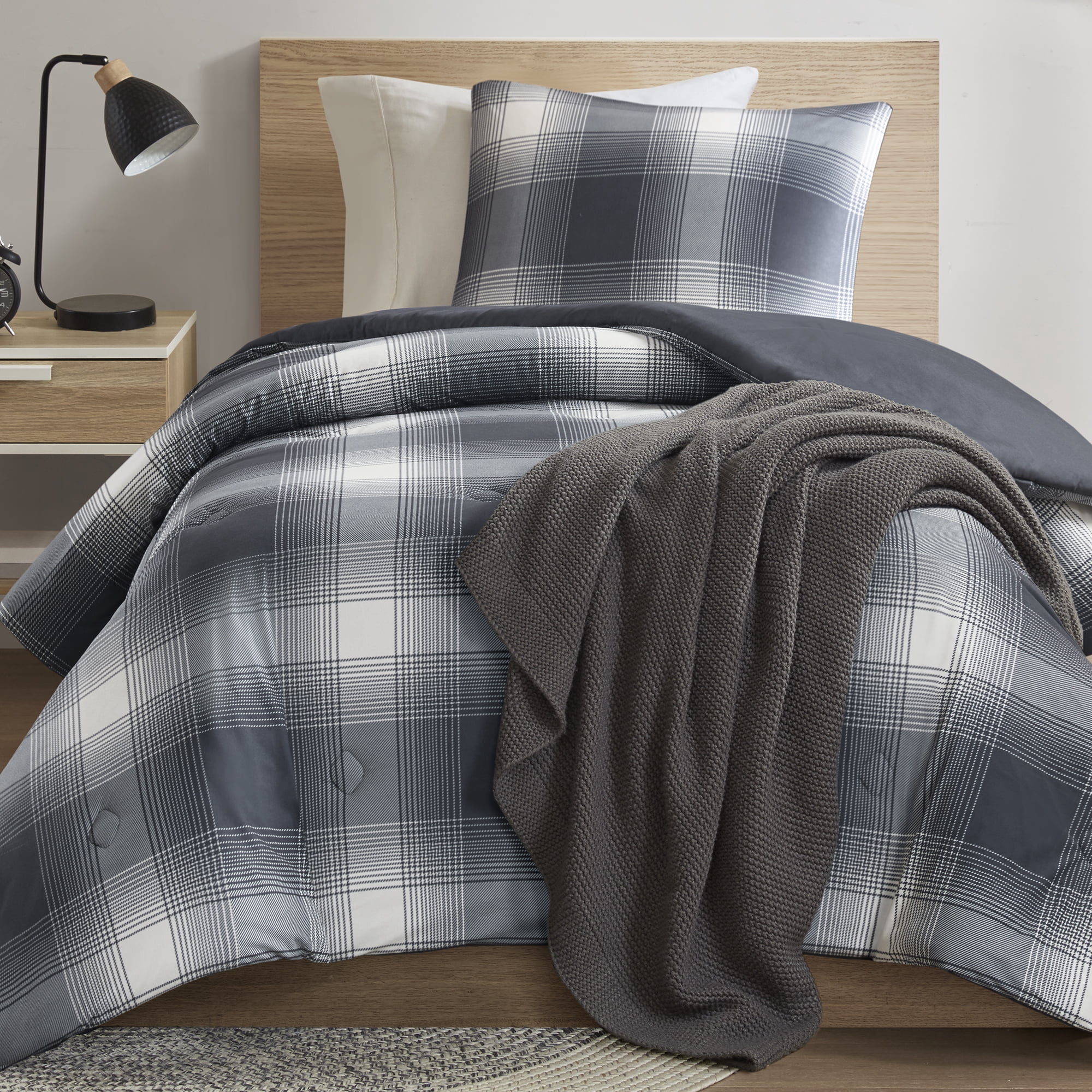 Mainstays Shadow Plaid 2-Piece Grey Comforter Set, Twin/Twin XL