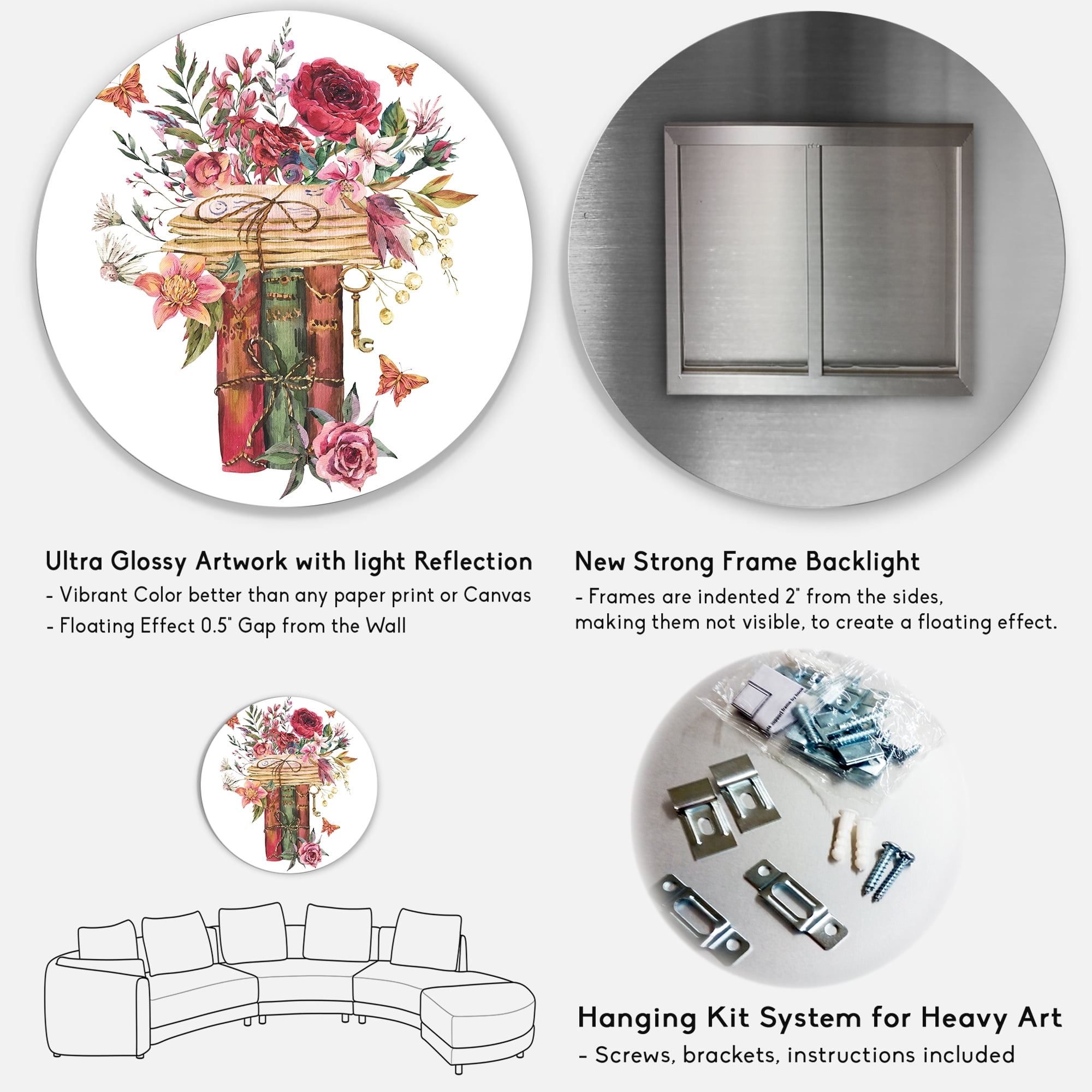 Designart 'Wildflowers With Vintage Old Books' Farmhouse Circle Metal Wall Art 23x23 - Disc of 23