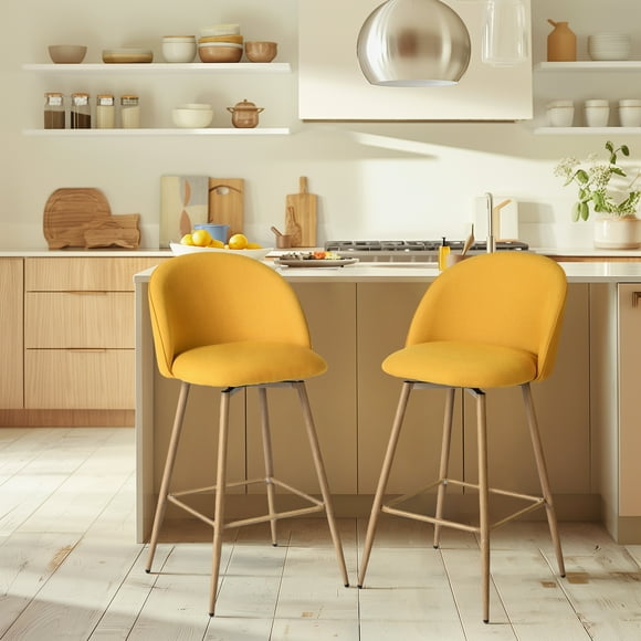 Homy Casa Modern Swivel Counter Stool 2-Piece Set, 26-inch Height Upholstery Barstools Set of 2, Ideal for Kitchen or Counter,Yellow