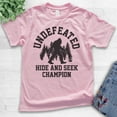thumbnail image 2 of Kids Undefeated Hide and Seek Champion Shirt, Youth Kids Boy Girl T-Shirt, Bigfoot Yeti, Sasquatch, Squatch Tee, Light Pink, Small, 2 of 4