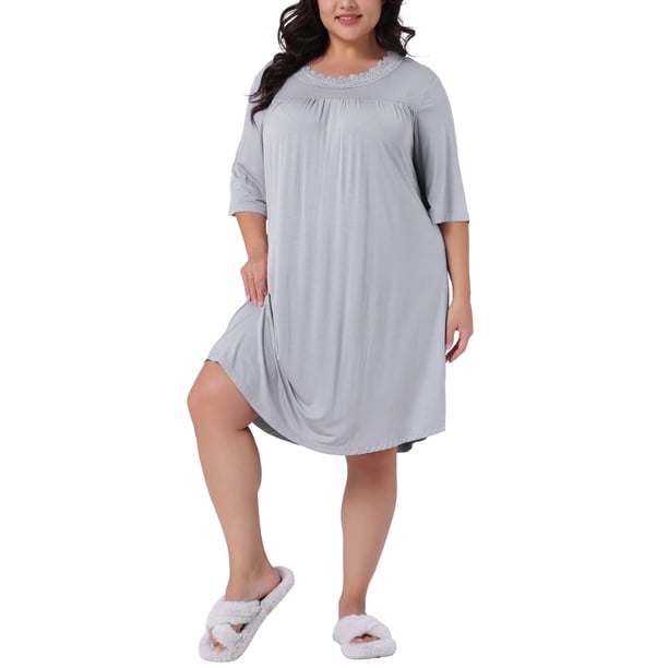 GRACE & GRANDEUR Camisón de Mujer Talla Grande con Pliegues y Encaje, Cuello Redondo, Manga 3/4, Ropa de Dormir Cómoda, Camisón Midi 2X Gris Claro