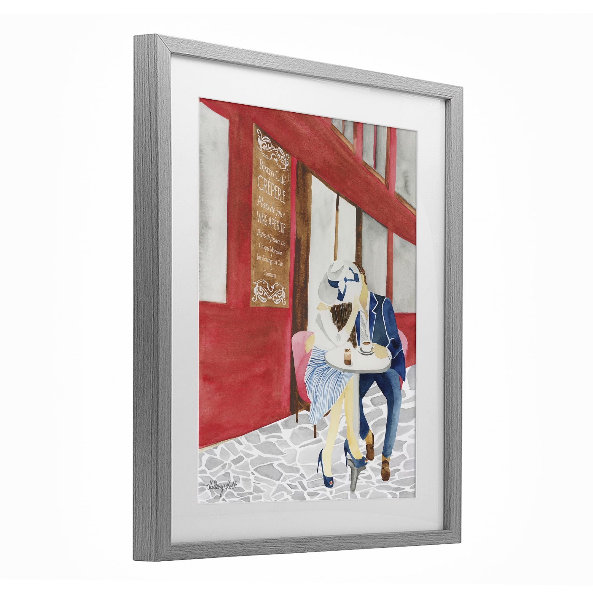 Stupell Industries Kiss At Parisian Cafe Gray Framed Print Under Glass, design by Hillary Holt