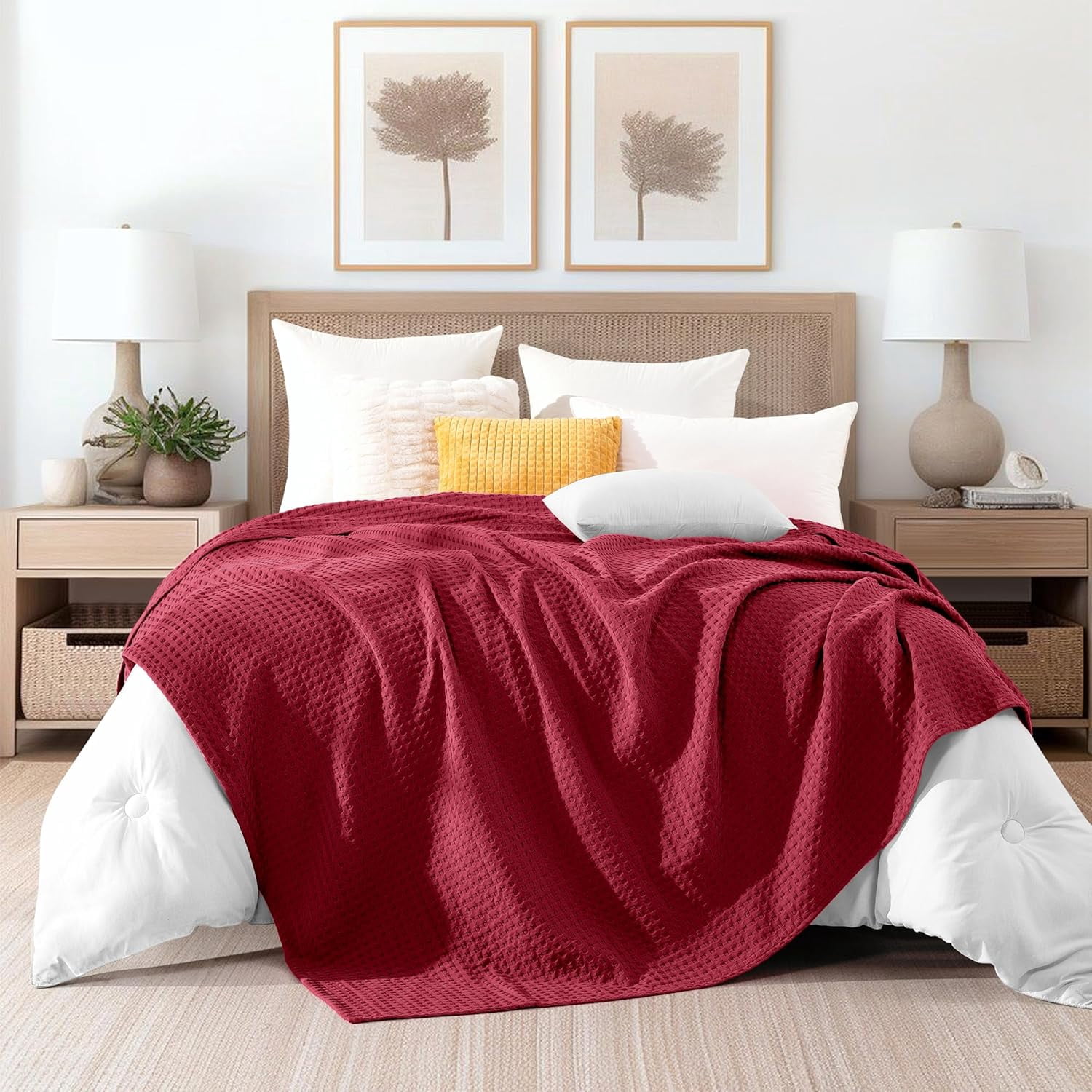 Elegant Comfort Cotton Waffle Blanket, Lightweight All-Season Bed Blanket,King Size 90x108 Inches, Burgundy