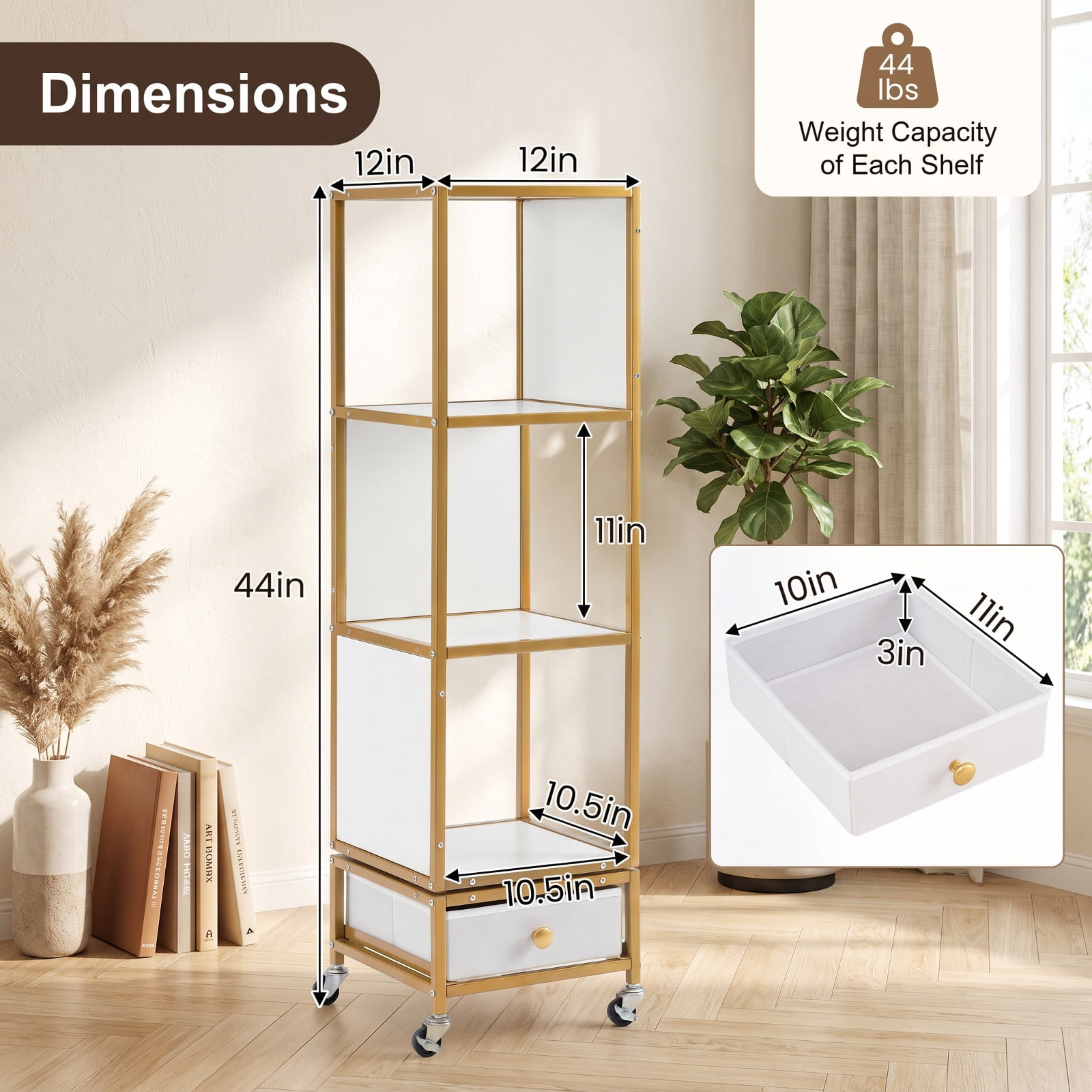 Furnibear 4-Tier Rotating Bookshelf on Wheels with Removable Drawer for Living Room Home Office Bedroom Display Storage Shelf, White