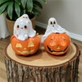 thumbnail image 4 of Mini Halloween Ghost Figurines - Set of Cute Resin Ghosts Sitting on Pumpkins, 3.5" Spooky Tray Decor for Home, Office, Wedding & Halloween Party Table Centerpieces, 4 of 5