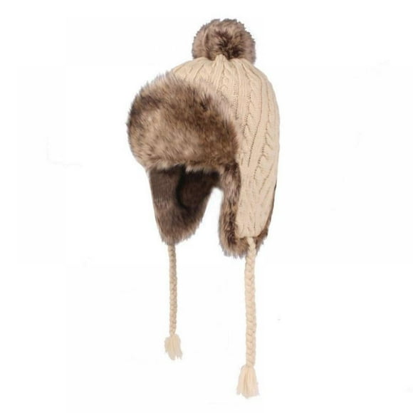 Women Faux Fur Earflap Trapper Hat Knitted Pom Ladies Winter Snow Ski Hat