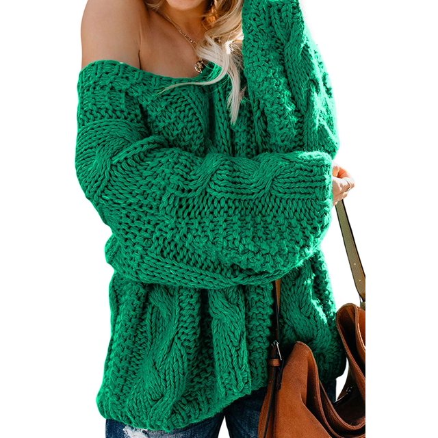 Women's Off Shoulder Long Sleeve V-Neck Ribbed Cable Pullover Sweaters Loose Fitting Jumper Tops