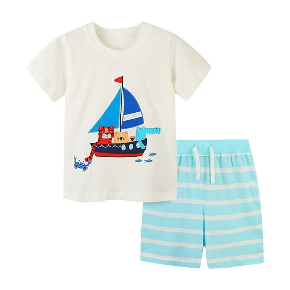 Otqutp Casual Outfits Set for Toddler Summer New Boys T Shirt Set Knitted Cotton Animal Boat Cartoon Embroidery Children Two Piece Set