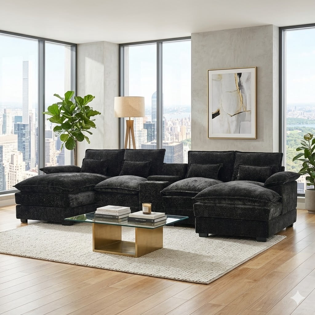 Vinform Oversided 124" U Shaped Cloud Couch Sectional, DeepSeat Sofa Bed with USB Charging, Hidden Storage, Cup Holders & Chenille Double Chaise, Black