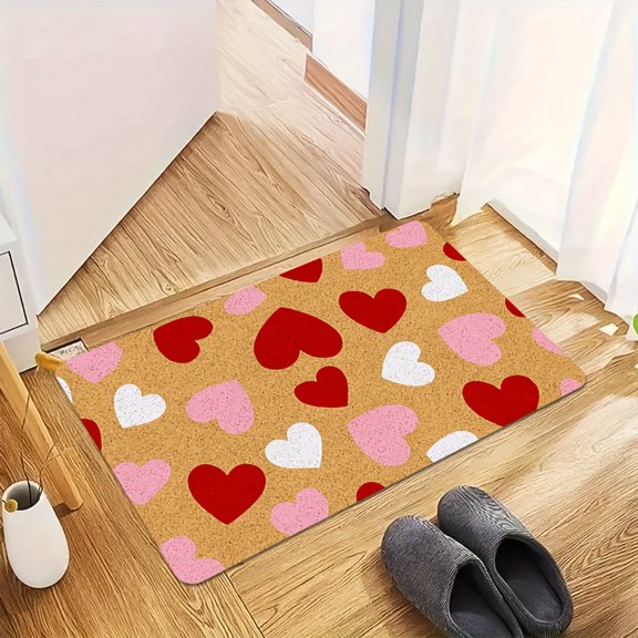 Flannel Doormat, Non Slip Washable Soft Floor Rug, Pink Red White Heart Print Decor Mat for Entryway Bedroom Valentine Home Decor