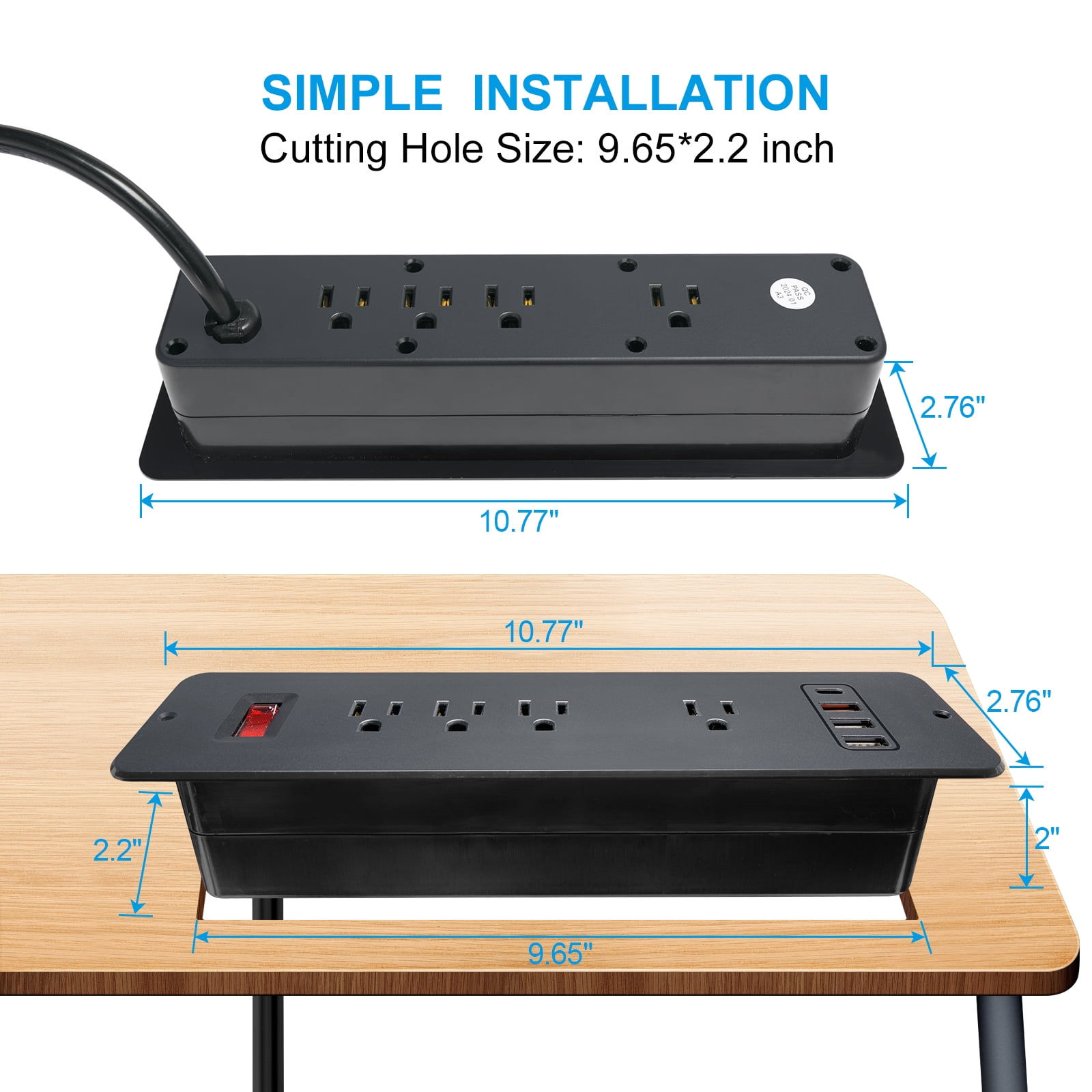8 Outlets Double Side Recessed Power Strip with USB C PD 20W, Flush Mount Fast Charge Desktop Power Extender Built in Under Desk Multiple Power Outlets Flat Plug for Furniture Table Conference