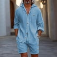 thumbnail image 2 of Eryao Men's Two-Piece Outfit Sets Casual Long Sleeve Button Down Hoodies and Elastic Waist Shorts with Pockets Summer Beach Vacation Lounge Suits,Sky Blue,L, 2 of 6