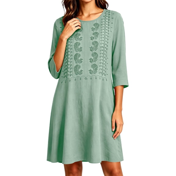 Noric Women's 3/4 Sleeve Mini Dresses Embroidered Loose Fit Summer Casual with Pockets Solid Color Shift Dress
