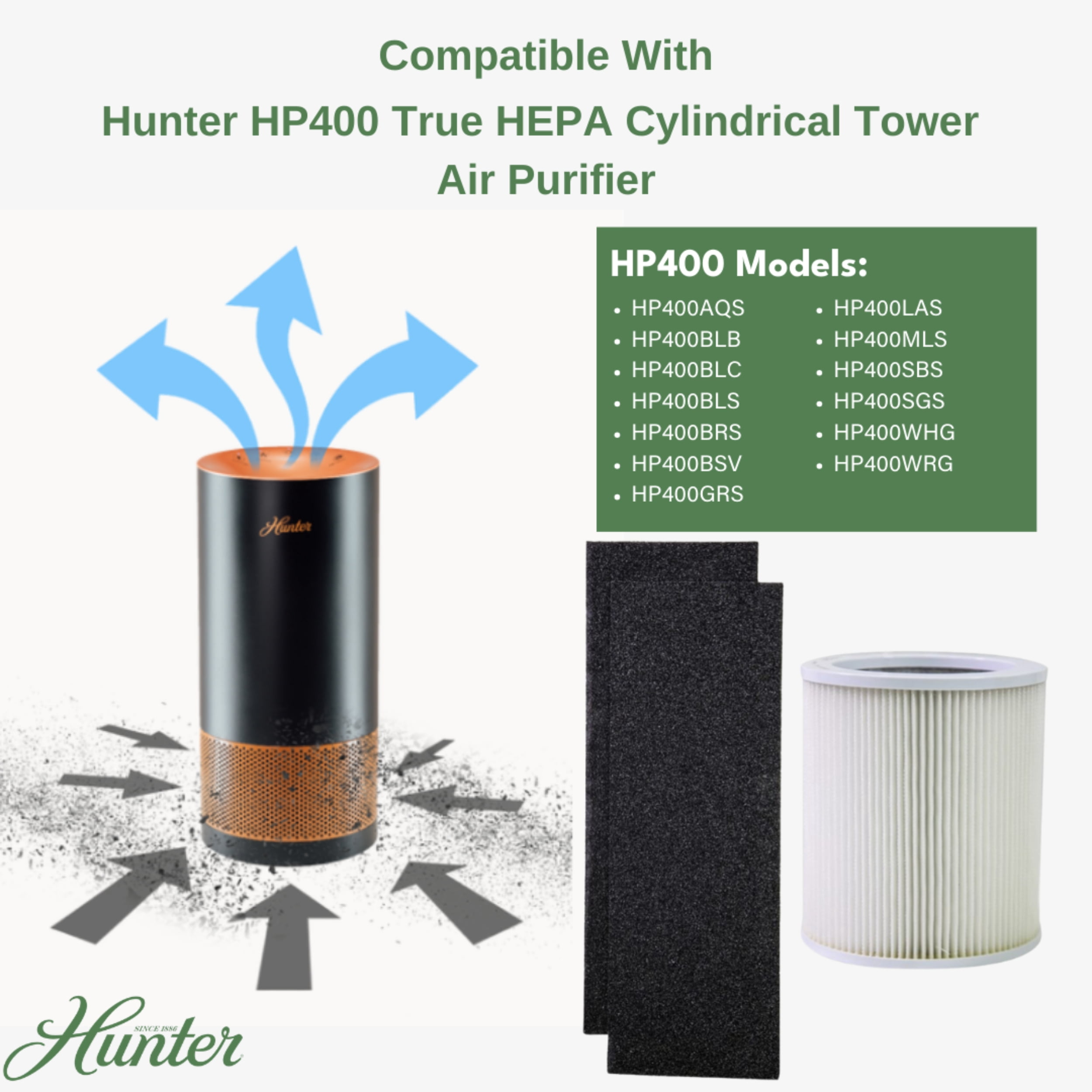 Hunter Fan Company  H-HF400-VP Replacement Filter Value Pack with HEPA EcoSilver Pre-Filter for HP400 Air Purifier Series, 3 Piece Set, White