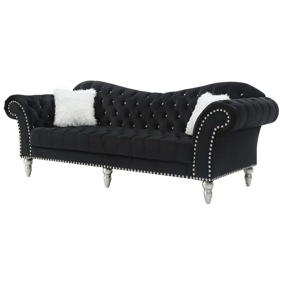 Passion Furniture Wilshire 98 in. Black Velvet 2-Seater Sofa with 2-Throw Pillow