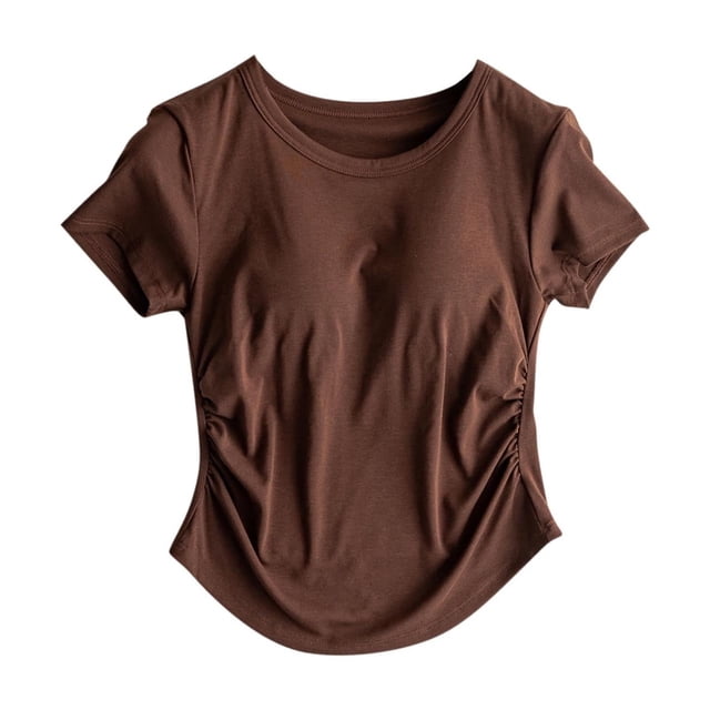 JGGSPWM T-Shirts d'Été pour Femmes Col Rond Manches Courtes Plissés Raccourcis avec Coussin de Poitrine Blouses de Mode Unies Café S