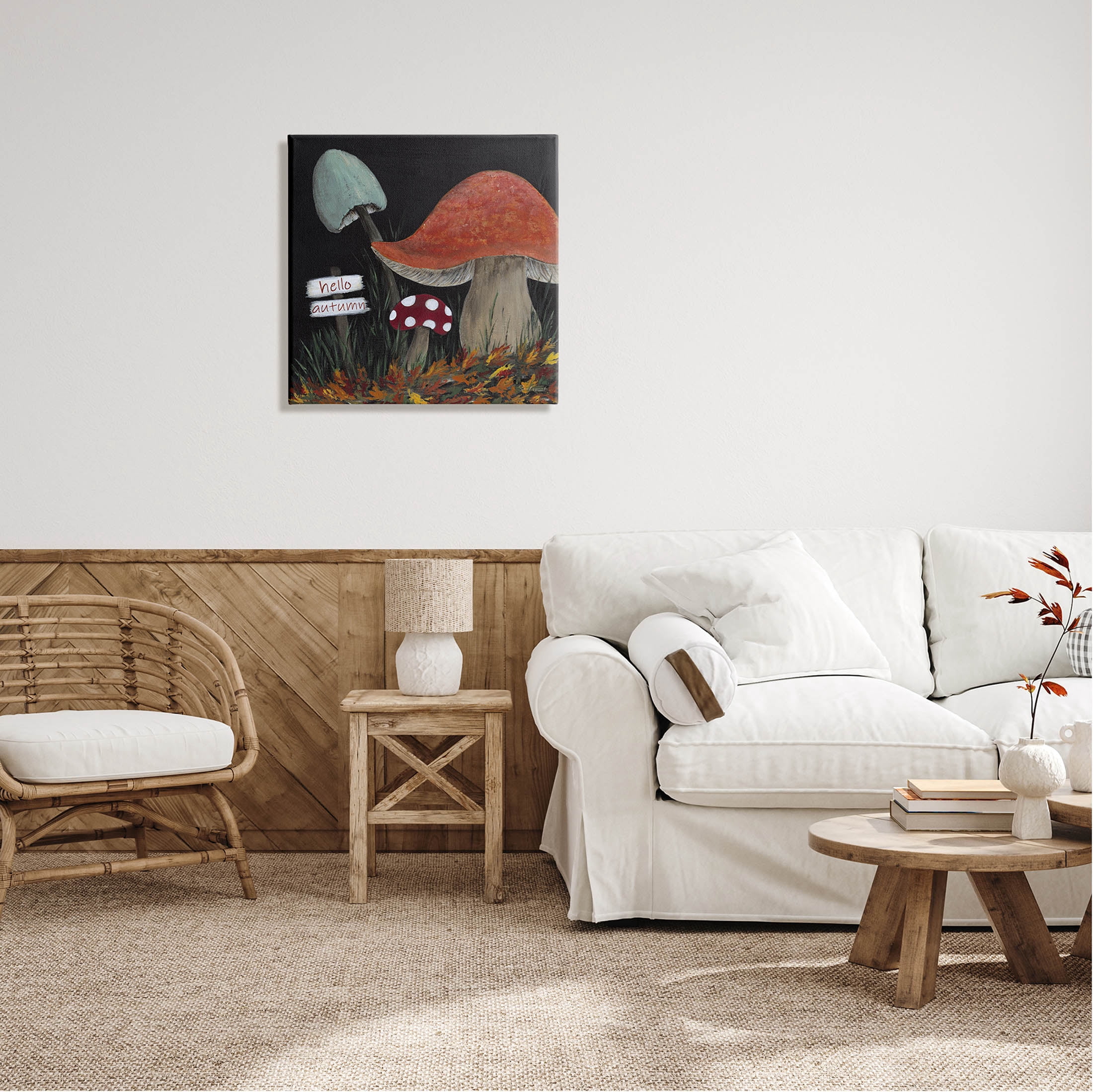Hello Autumn Woodland Mushroom Forest Botanical & Floral Graphic Art Gallery Wrapped Canvas Print Wall Art