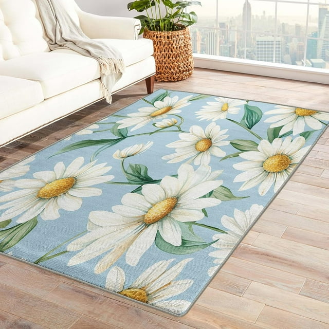 Daisy Rugs for Bedroom - 3x5 Rug - Daisy Rug - Floral Botanical Wildflower Area Rug - White Flower Spring Rugs - Girls Blue Carpet