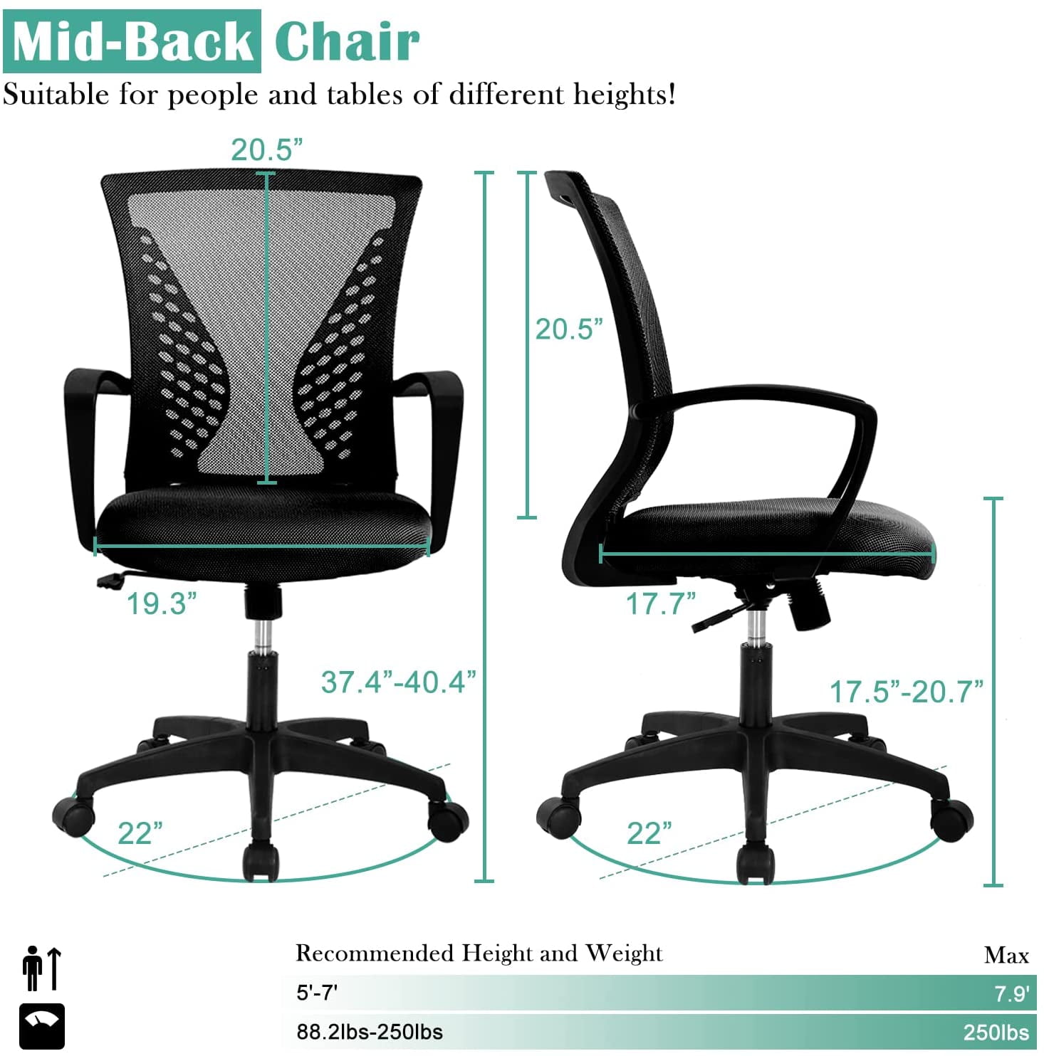 Office Chair Ergonomic Mid Back Desk Chair with Lumbar Support, Adjustable Rolling Swivel Mesh Chair Comfortable Seat for Adults, Black