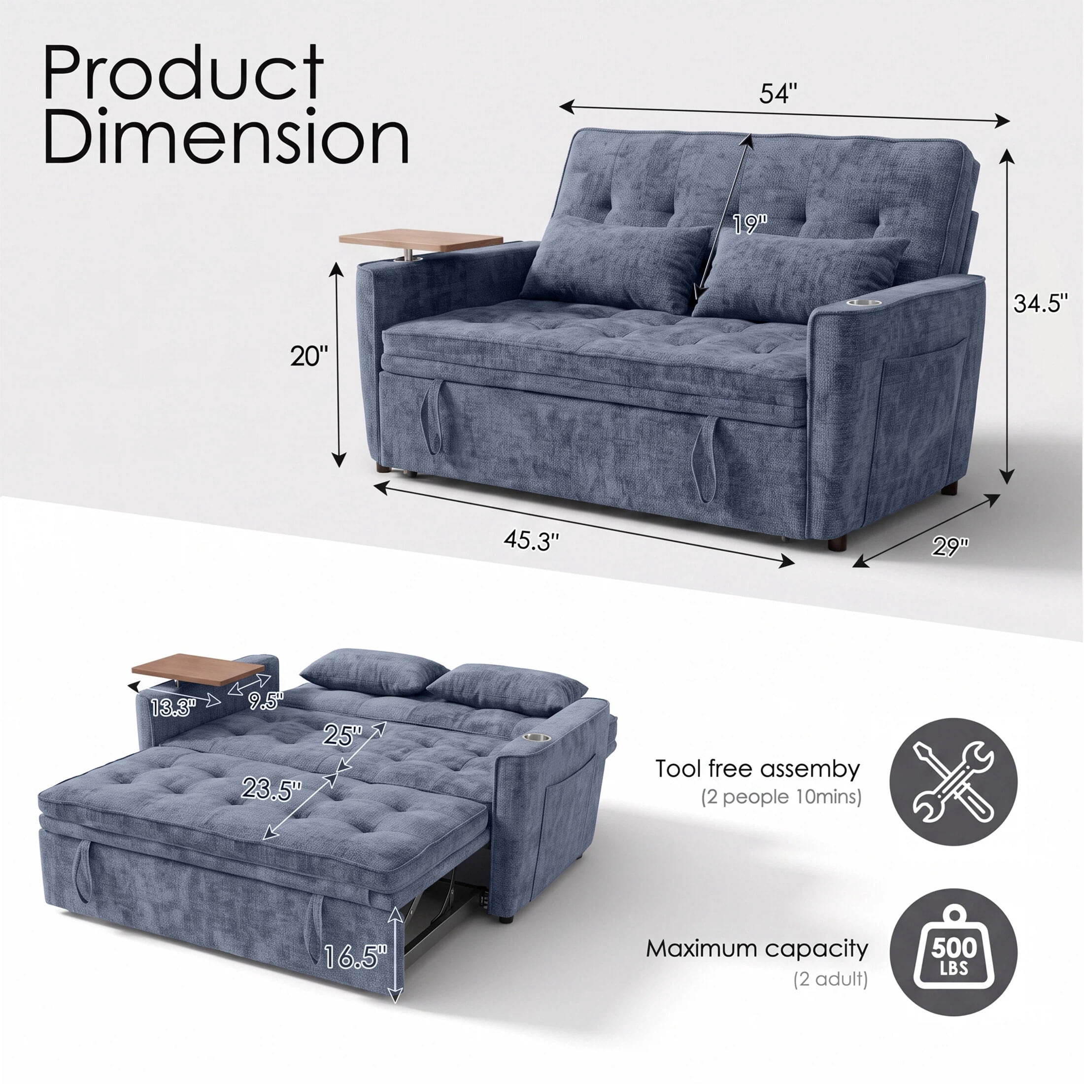 AISWORD 54" Convertible Pull Out Sleeper Sofa Bed, Chenille Loveseat Couch with USB Port, Side Tray Table, Cup Holder, Storage Pockets & Adjustable Backrest for Small Spaces, Blue