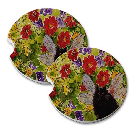 

KuzmarK Sandstone Car Drink Coaster (set of 2) - Black Persian Kitty Fairy with Flowers Fantasy Cat Art by Denise Every