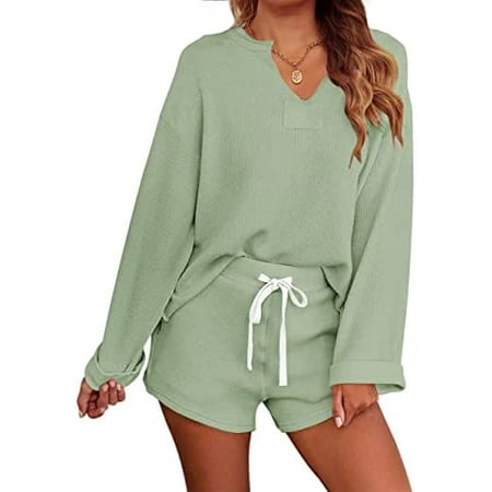 

singreal Women s Long Sleeve Pajama Set Henley Knit Tops and Shorts Sleepwear Loungewear
