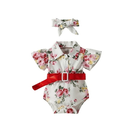 

aturustex Summer Baby Girl Jumpsuit Set Floral/ Water Drop/ Houndstooth Print Casual Fly-sleeve Rompers with Belt and Headband