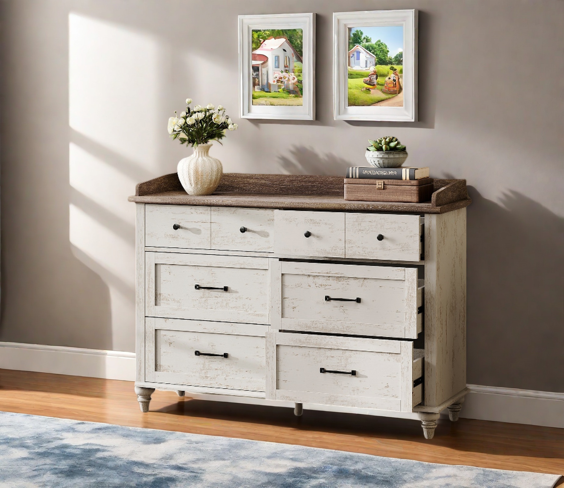 Mid-Century Modern TV Entertainment Center for 60" TVs, Wooden Media Console Table with 6 Drawers, Antique White