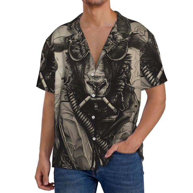 Balery Vintage Ram Pilot Camisa Casual de Manga Corta con Botones para Hombre, Texturizada, Estilo Cubano, para Playa, Verano-Medium