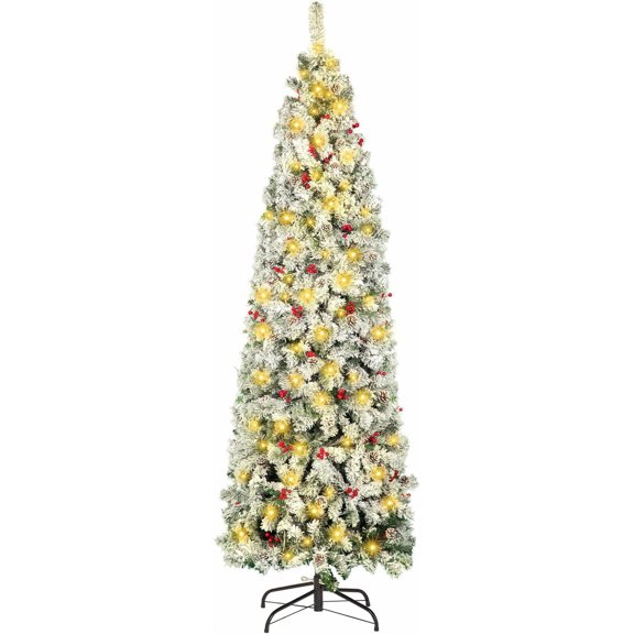 7 FT Pre-lit Christmas Tree, Snow Flocked Pencil Tree with 250 LED Lights, 798 Branch Tips, Pine Cones, Red Berries, Metal Stand, Holiday Party Office Decoration, Indoor Outdoor Home Decor