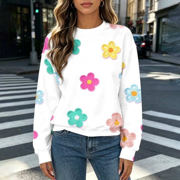 Trendfront Womens Floral Embroidered Sweatshirts Crewneck Long Sleeve Colorful Flower Pattern Casual Loose Fit Pullover Tops