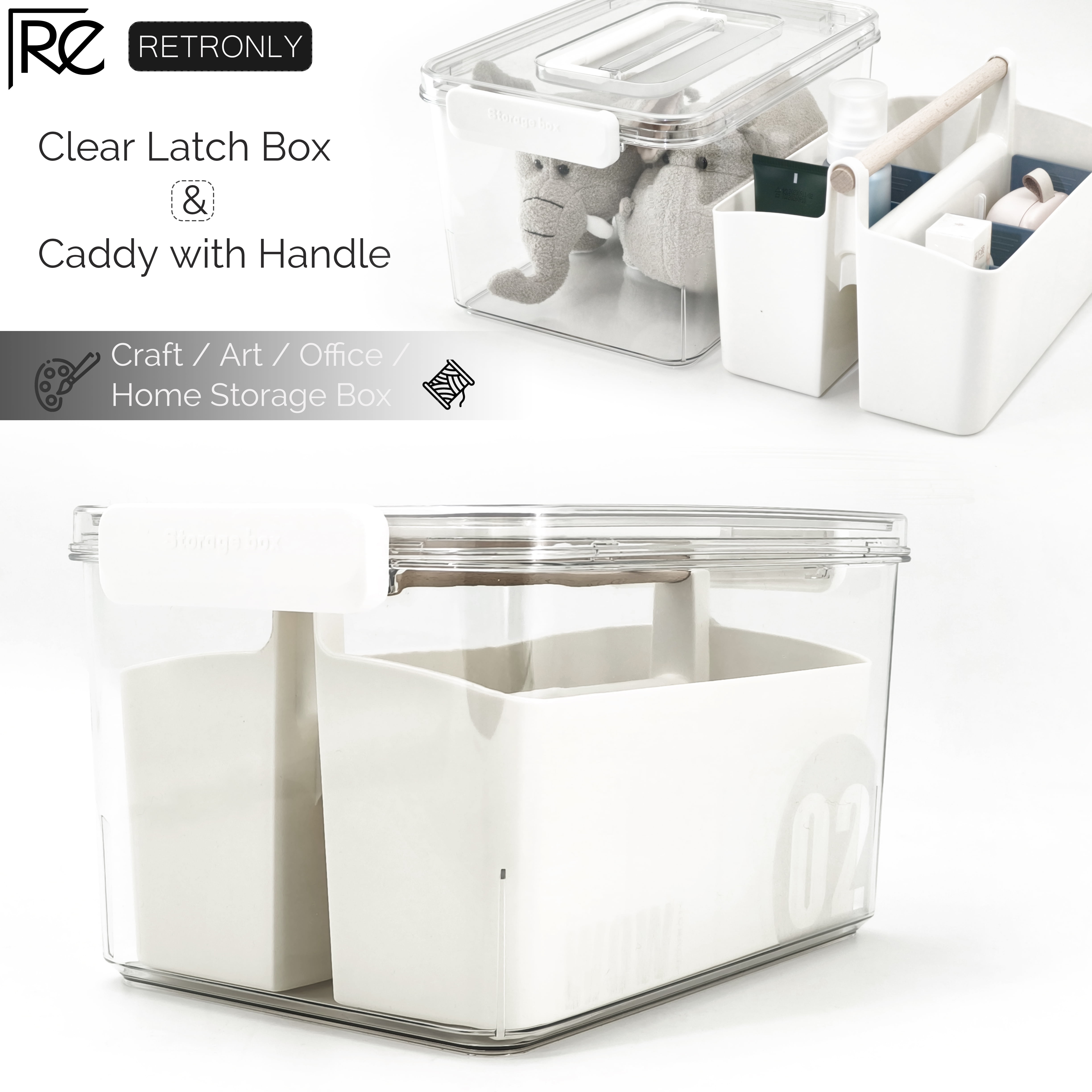 RETRONLY Clear Storage Box with Handle - Plastic Art & Craft Box, Storage Bins with Dividers, Portable Art Supplies Organizer, Latch Box with Caddy Organizer (9 Qt, 2in1 Set)
