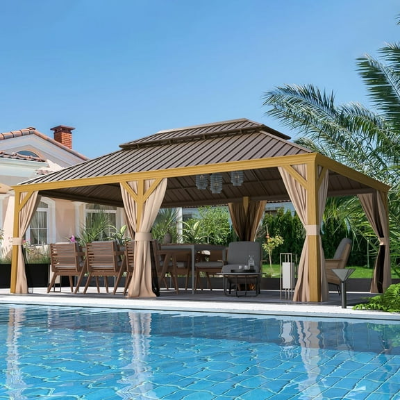 EROMMY 12' X 22' Hardtop Gazebo, Wooden Finish Coated Aluminum Frame Gazebo with Galvanized Steel Double Roof