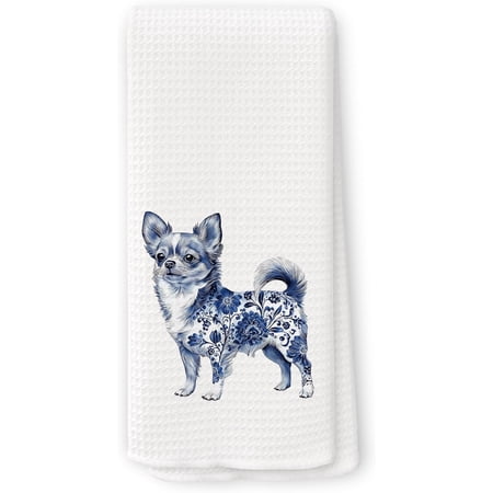 KKFEN-Chinoiserie Chihuahua Kitchen Towels Chihuahua Gifts for Women Dish Tea Towels for Kitchen Dog Mom Dad Lovers Gifts Blue and White Grandmillennial Dog Decorative Hand Towel 16x24 Inch
