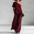 thumbnail image 2 of Women's 2 Piece Outfit One Shoulder Top and High Waist Wide Leg Pants Set, Textured Washed Crinkle Lounge Set, Casual Boho Flowy Matching Set for Summer Wine XXL, 2 of 6