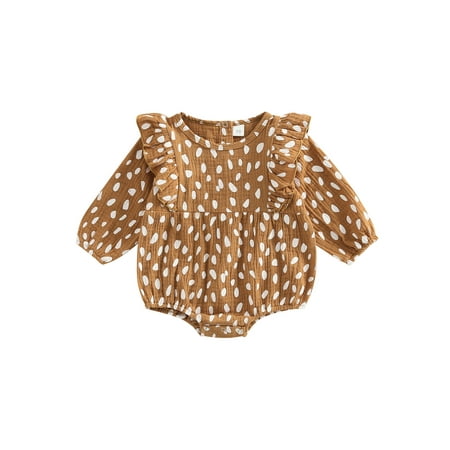 

WakeUple 0-18M Infant Girls Romper Sweet Dot Print Ruffle Round Neck Long Sleeve Spring Fall Cotton Linen Clothes