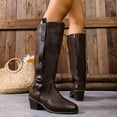thumbnail image 4 of Brown Knee High Boots Women Wide Calf Vintage Leather Stacked Heel Zipper Strappy Long Winter Riding Booties, 4 of 6