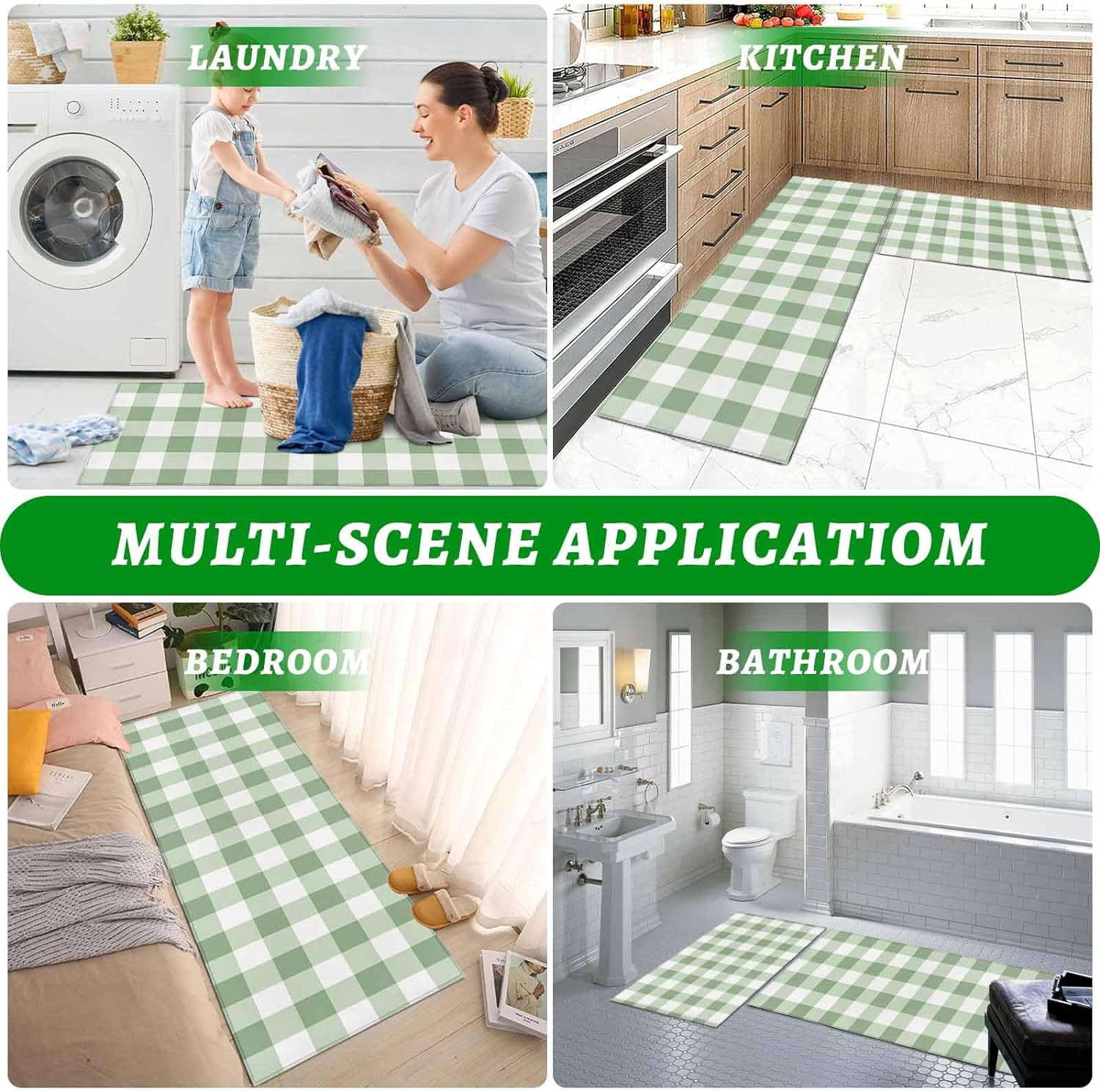 Easter Kitchen Rugs and Mats 2 Pieces Sage Green Buffalo Plaid Runner Rug Sets Check Soft Comfort Standing Kitchen Mats for Floor Absorbent Area Rugs Carpet Farmhouse Cushioned Doormat Home Decor