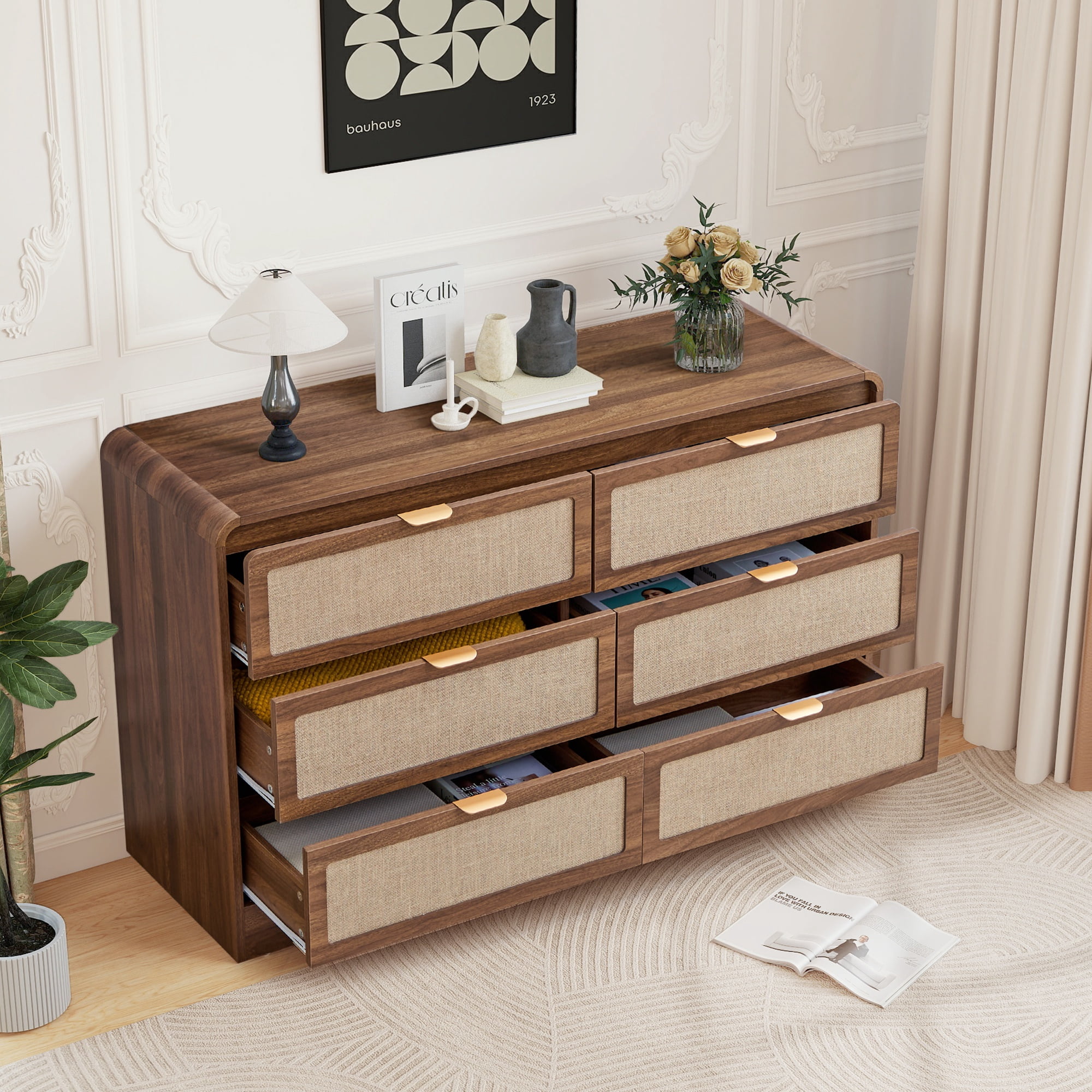 Wirrytor 6 Drawer Rattan Bedroom Dresser, Boho Double Chest of Drawers with Curved Edge, Wood Closet Storage Organizer, Walnut