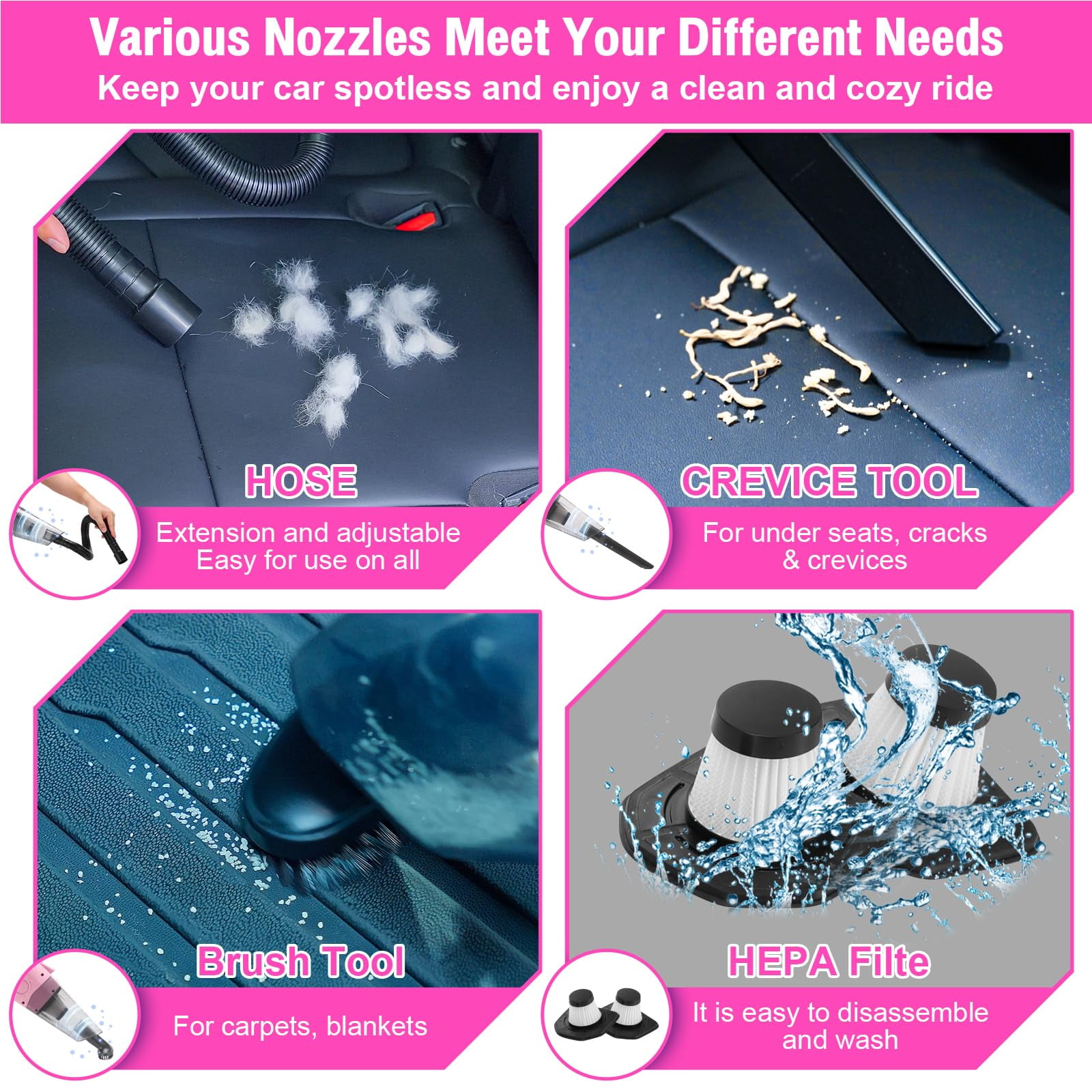 Vioview Roadside Emergency Car Safety Kit, with 4-in-1 Inflatable Car Vacuum Cleaner, Pink Jumper Cables, First Aid Kit, Tow Rope. Vehicle Must Haves Emergency Kit Accessories for Women