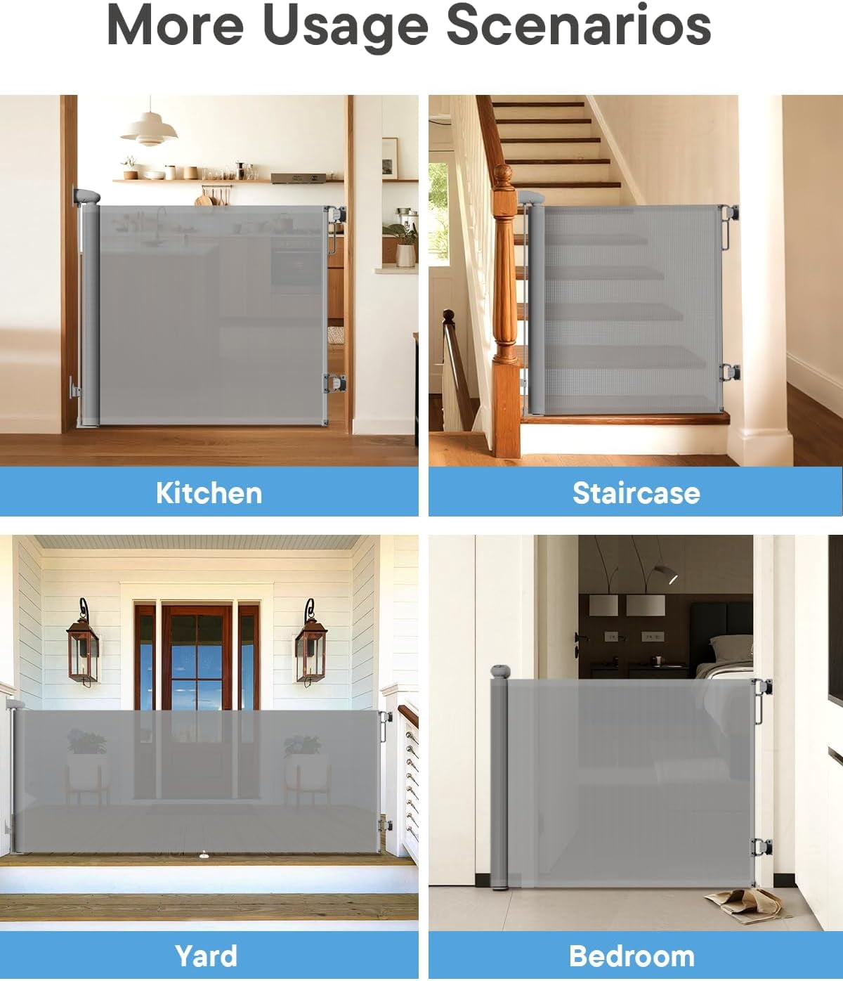 UniVerse Retractable Baby Gate, for Stairs 55" Wide Mesh Dog Gate Indoor, Two-Step Safety Lock, 34" Tall Child Gate for Doorways, Hallways, Deck, Indoor Outdoor Garage Gray