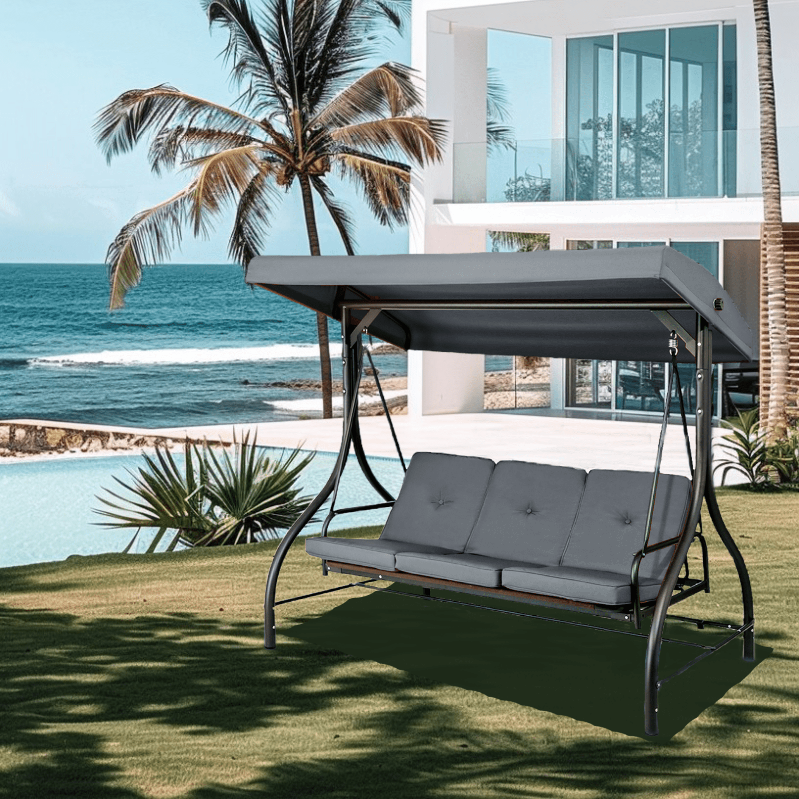 Arlopu 3-Seat Porch Swing, Outdoor Patio Swing Chair with Adjustable Canopy & Removable Cushions, Swing Glider for Garden Poolside Backyard, Gray